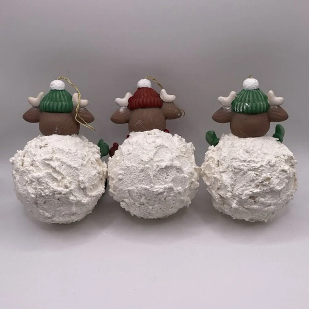 Glitter‎ Snowball Reindeer in Hats Christmas Ornaments Set of 3